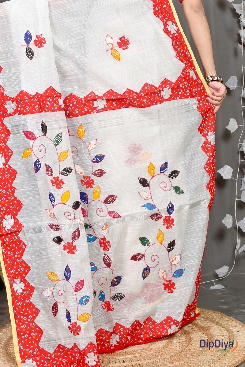 White Cotton Blended Parik Applique Saree (327)